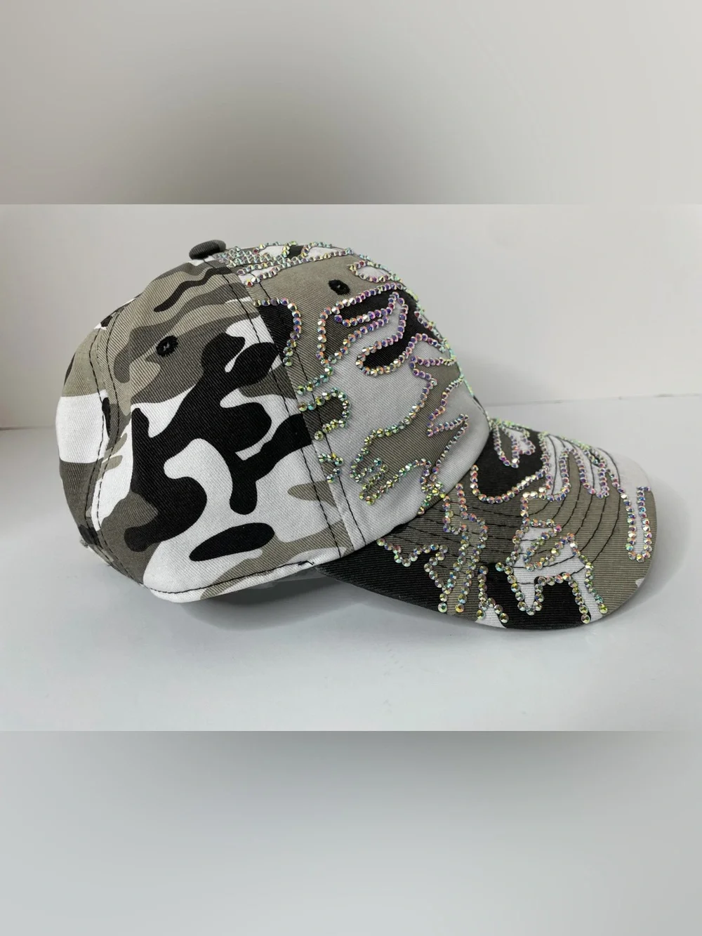 Custom Embellished Camo Baseball Cap - White, Black & Gray